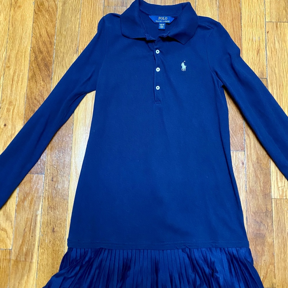 L/S polo dress. Navy cotton. Pleated hem.